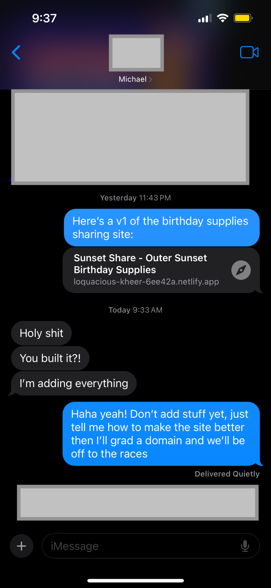 Text conversation about Community Supplies site